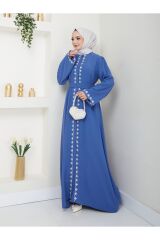 Kadın Nakışlı Abaya Ferace Elbise Mavi - 40