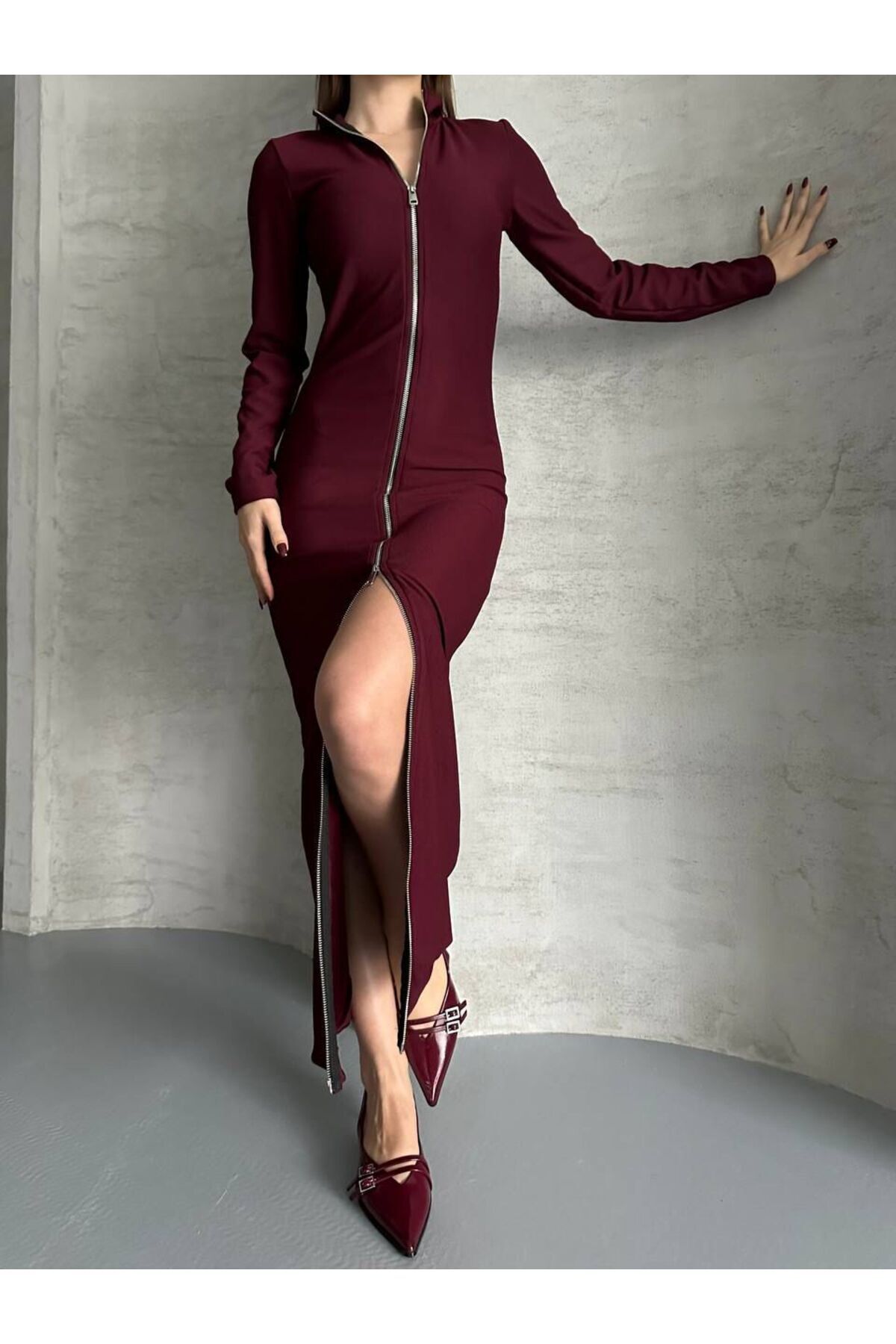 Kadın Boydan Fermuarlı Maxi Boy Elbise Bordo - S
