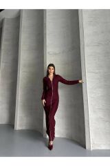 Kadın Boydan Fermuarlı Maxi Boy Elbise Bordo - S