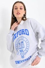 Kadın Oxford Baskılı 3iplik Sweatshırt Gri - 40