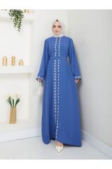 Kadın Nakışlı Abaya Ferace Elbise Mavi - 46
