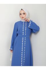 Kadın Nakışlı Abaya Ferace Elbise Mavi - 46