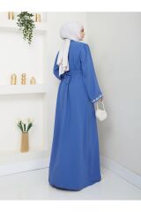 Kadın Nakışlı Abaya Ferace Elbise Mavi - 46