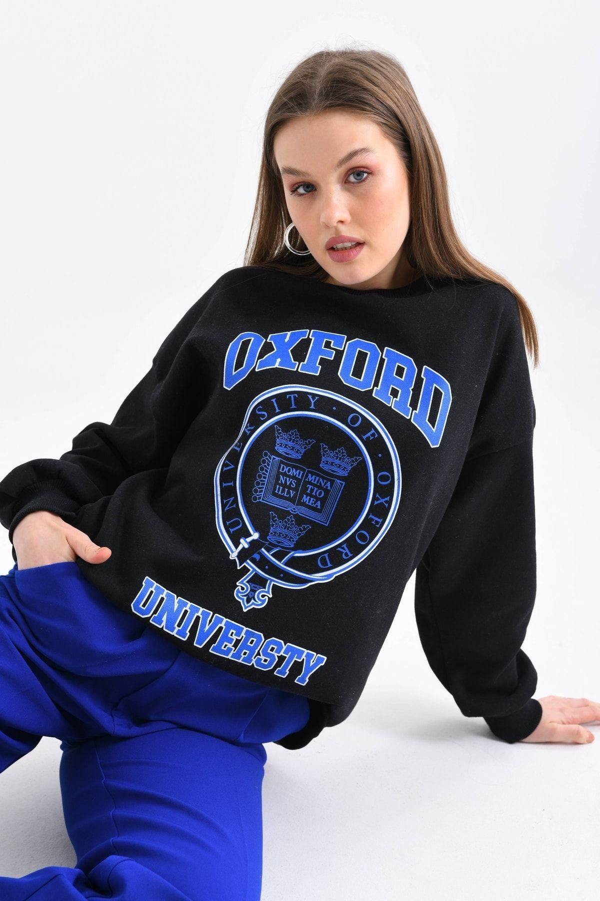 Kadın Oxford Baskılı 3iplik Sweatshırt Siyah - 36