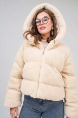 Kadın Kapüşonlu Astarlı Peluş Mont Bej - M