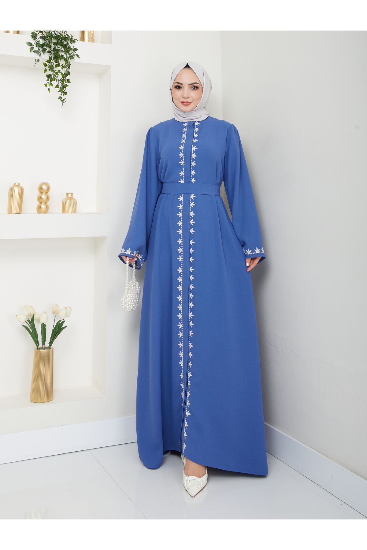 Kadın Nakışlı Abaya Ferace Elbise Mavi - 44