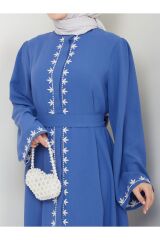 Kadın Nakışlı Abaya Ferace Elbise Mavi - 44