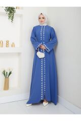 Kadın Nakışlı Abaya Ferace Elbise Mavi - 44