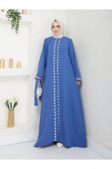 Kadın Nakışlı Abaya Ferace Elbise Mavi - 44