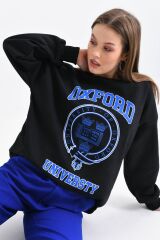 Kadın Oxford Baskılı 3iplik Sweatshırt Siyah - 38