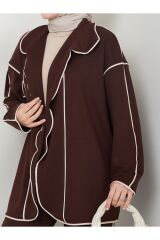 Kadın Biyeli Scuba Kumaş Ceketli Pantolonlu Takım Kahverengi - XL