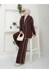 Kadın Biyeli Scuba Kumaş Ceketli Pantolonlu Takım Kahverengi - XL