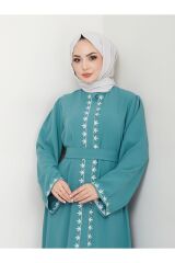 Kadın Nakışlı Abaya Ferace Elbise Turkuaz - 40