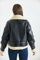 Kadın Içi Kürklü Cepli Deri mont Siyah - XL