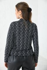 Kadın Balıkcı Yaka Desenli Body Siyah Beyaz - XL