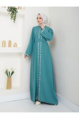 Kadın Nakışlı Abaya Ferace Elbise Turkuaz - 48