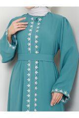 Kadın Nakışlı Abaya Ferace Elbise Turkuaz - 48