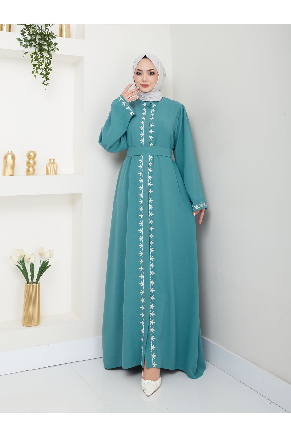 Kadın Nakışlı Abaya Ferace Elbise Turkuaz - 38