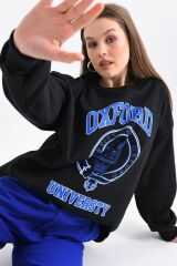 Kadın Oxford Baskılı 3iplik Sweatshırt Siyah - S