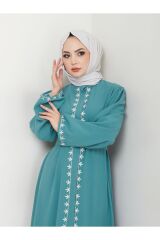 Kadın Nakışlı Abaya Ferace Elbise Turkuaz - 46