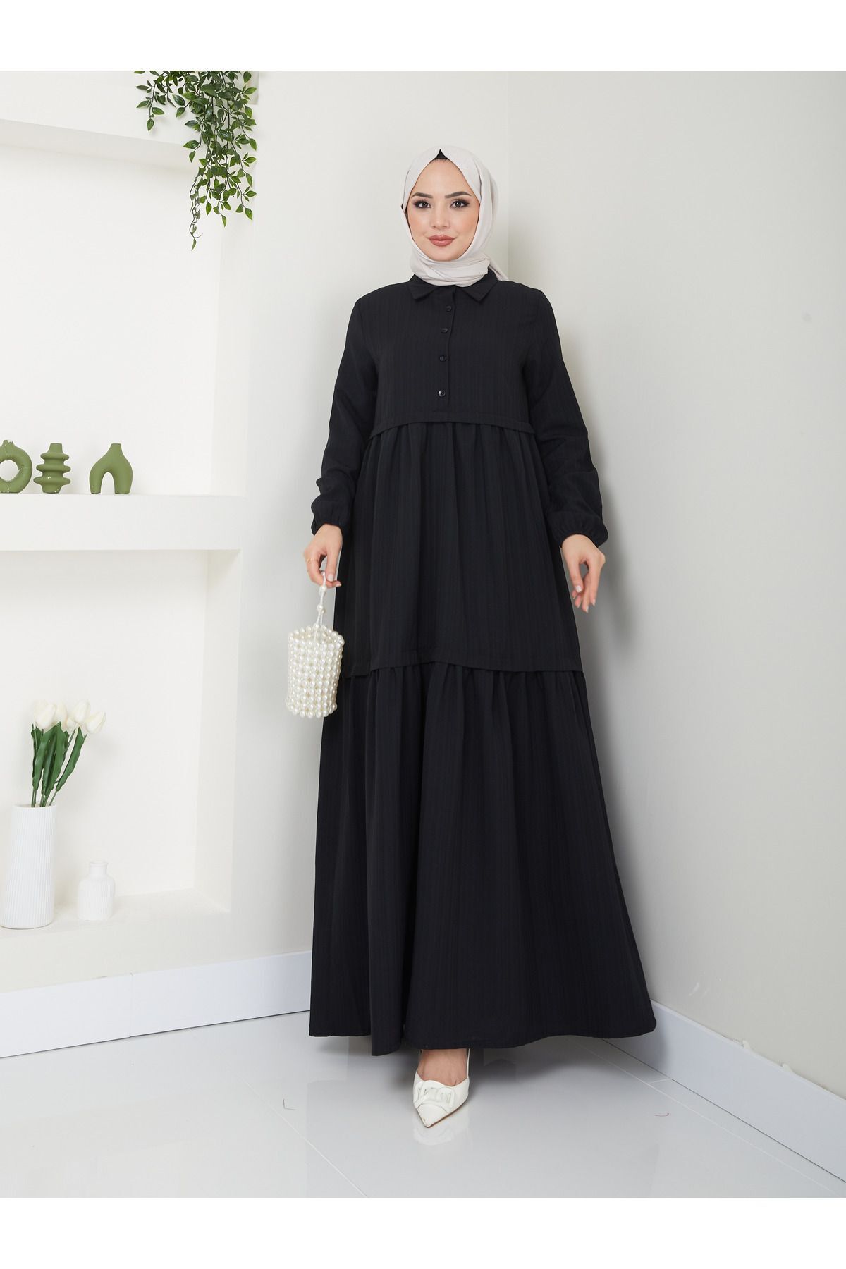 Kadın Viskon Kumaş Gömlek Yaka Tesettür Elbise Siyah - 2XL