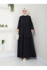 Kadın Viskon Kumaş Gömlek Yaka Tesettür Elbise Siyah - 2XL