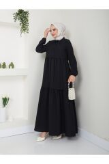 Kadın Viskon Kumaş Gömlek Yaka Tesettür Elbise Siyah - 2XL