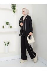 Kadın Biyeli Scuba Kumaş Ceketli Pantolonlu Takım Siyah - XL