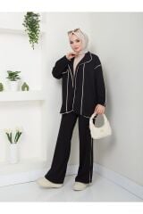Kadın Biyeli Scuba Kumaş Ceketli Pantolonlu Takım Siyah - XL