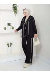 Kadın Biyeli Scuba Kumaş Ceketli Pantolonlu Takım Siyah - XL