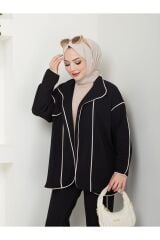 Kadın Biyeli Scuba Kumaş Ceketli Pantolonlu Takım Siyah - XL