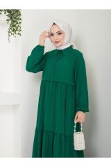 Kadın Viskon Kumaş Gömlek Yaka Tesettür Elbise ZÜMRÜT - 2XL