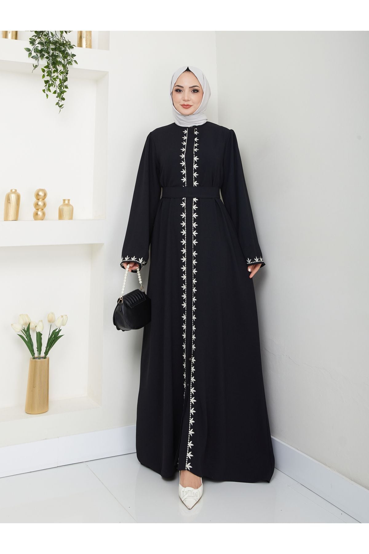 Kadın Nakışlı Abaya Ferace Elbise Siyah - 38