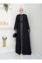 Kadın Nakışlı Abaya Ferace Elbise Siyah - 38