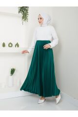 Kadın Piliseli Beli Lastikli Basic Etek ZÜMRÜT - L/XL