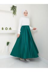 Kadın Piliseli Beli Lastikli Basic Etek ZÜMRÜT - L/XL