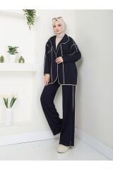Kadın Biyeli Scuba Kumaş Ceketli Pantolonlu Takım Lacivert - XL