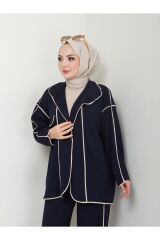 Kadın Biyeli Scuba Kumaş Ceketli Pantolonlu Takım Lacivert - XL