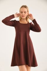 Kadın Kare Yaka Uzun Kollu Mini Elbise Kahverengi - XL