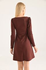 Kadın Kare Yaka Uzun Kollu Mini Elbise Kahverengi - XL