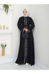 Kadın Nakışlı Abaya Ferace Elbise Siyah - 42