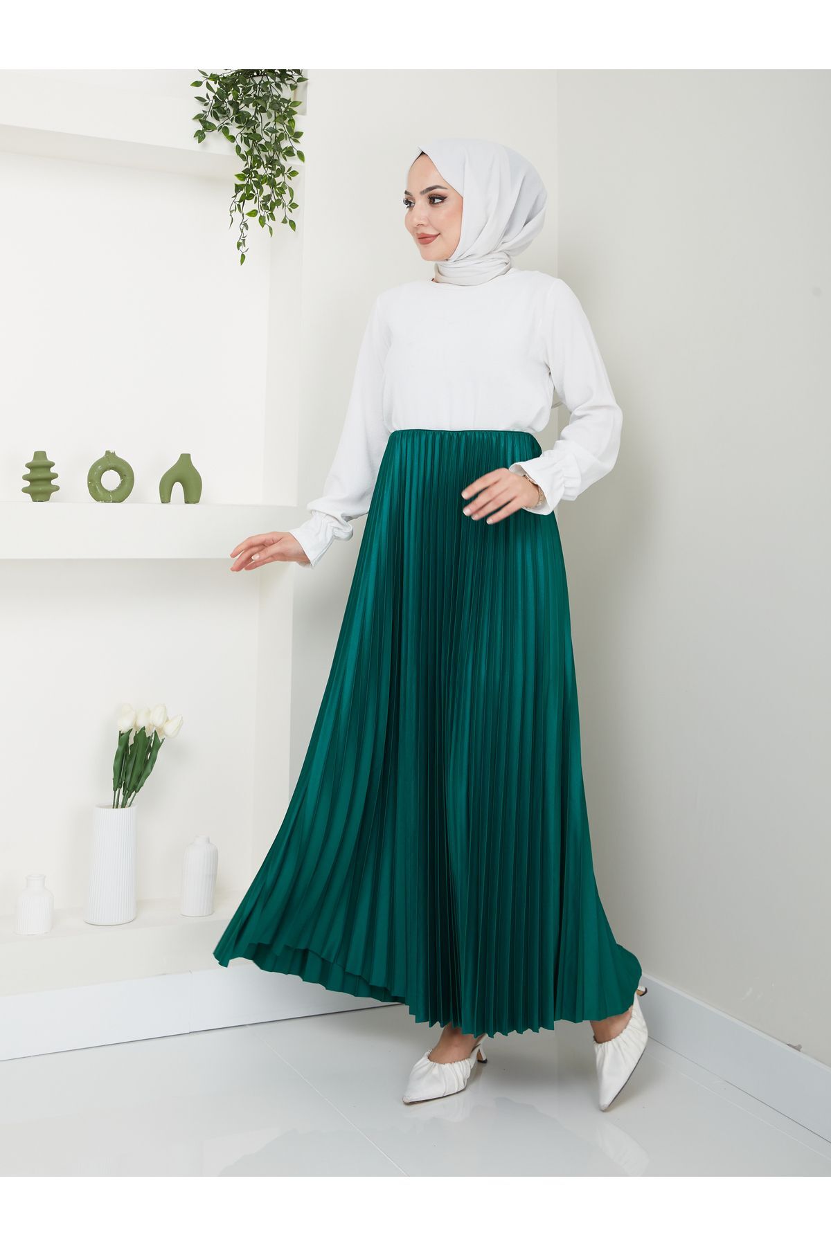 Kadın Piliseli Beli Lastikli Basic Etek ZÜMRÜT - S/M
