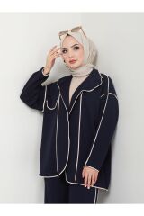 Kadın Biyeli Scuba Kumaş Ceketli Pantolonlu Takım Lacivert - M
