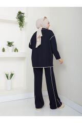 Kadın Biyeli Scuba Kumaş Ceketli Pantolonlu Takım Lacivert - M