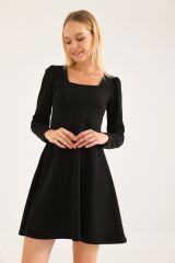 Kadın Kare Yaka Uzun Kollu Mini Elbise Siyah - XL