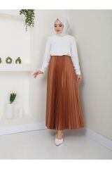 Kadın Piliseli Beli Lastikli Basic Etek Kahverengi - L/XL