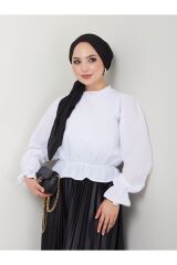 Kadın Büzgülü Tesettür Bluz Beyaz - XL