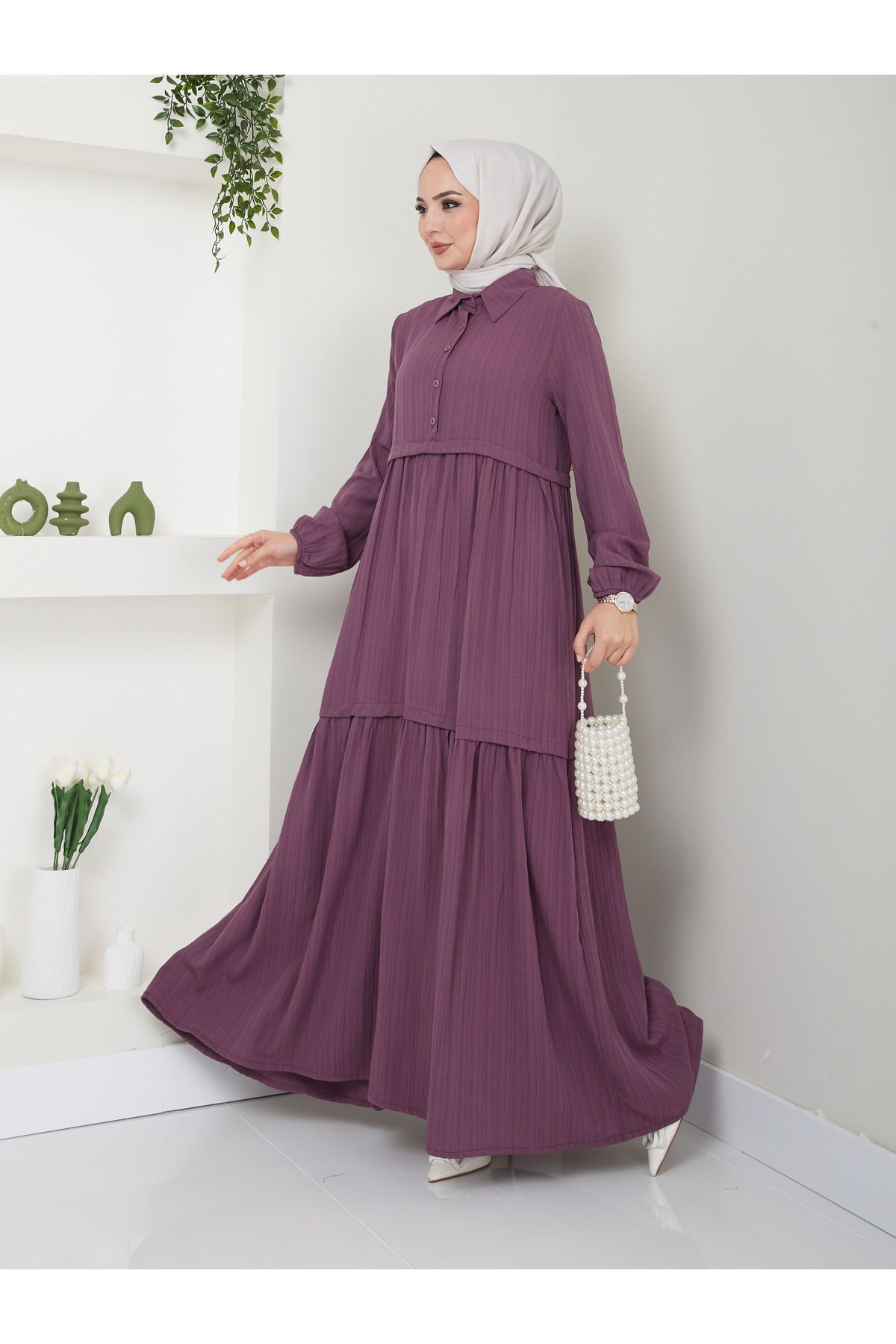 Kadın Viskon Kumaş Gömlek Yaka Tesettür Elbise MÜRDÜM - 2XL