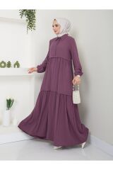 Kadın Viskon Kumaş Gömlek Yaka Tesettür Elbise MÜRDÜM - 2XL