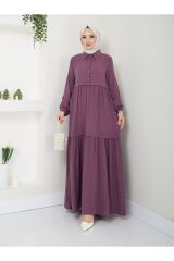 Kadın Viskon Kumaş Gömlek Yaka Tesettür Elbise MÜRDÜM - 2XL